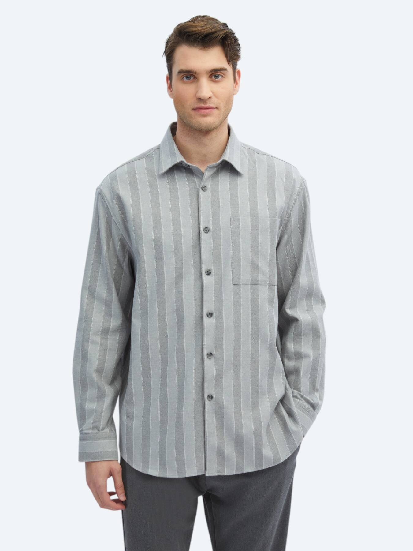 Gri Çizgili Oversize Fit Uzun Dokuma Casual Pamuk Karışımlı Gömlek