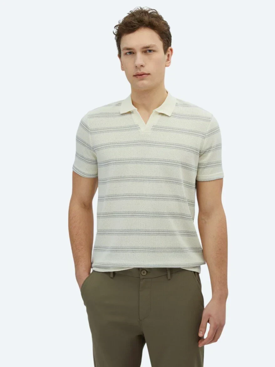 Gri Çizgili Polo Yaka Pamuk Karışımlı T-Shirt - 1