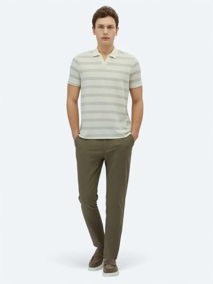 Gri Çizgili Polo Yaka Pamuk Karışımlı T-Shirt - 2