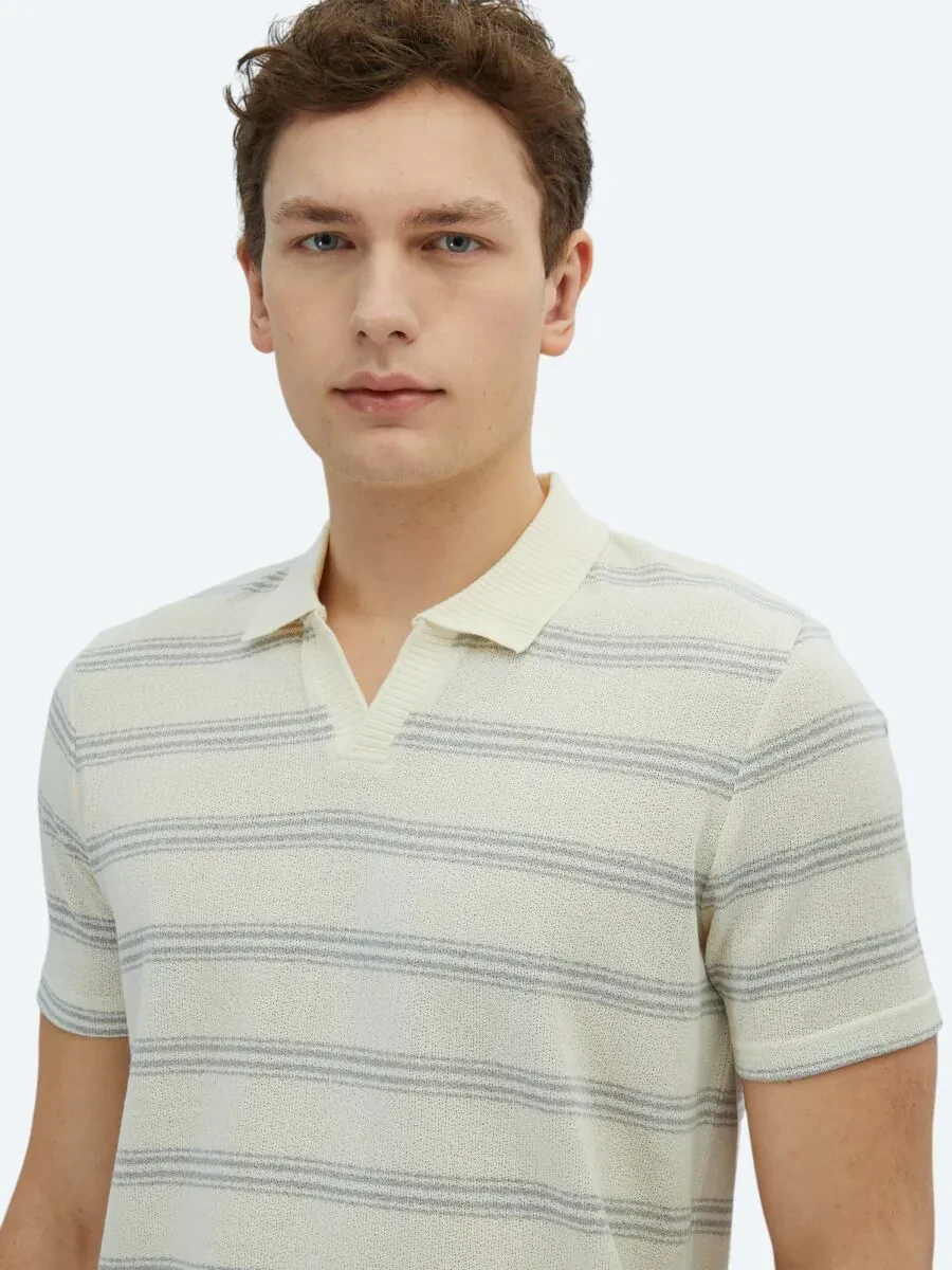 Gri Çizgili Polo Yaka Pamuk Karışımlı T-Shirt - 3