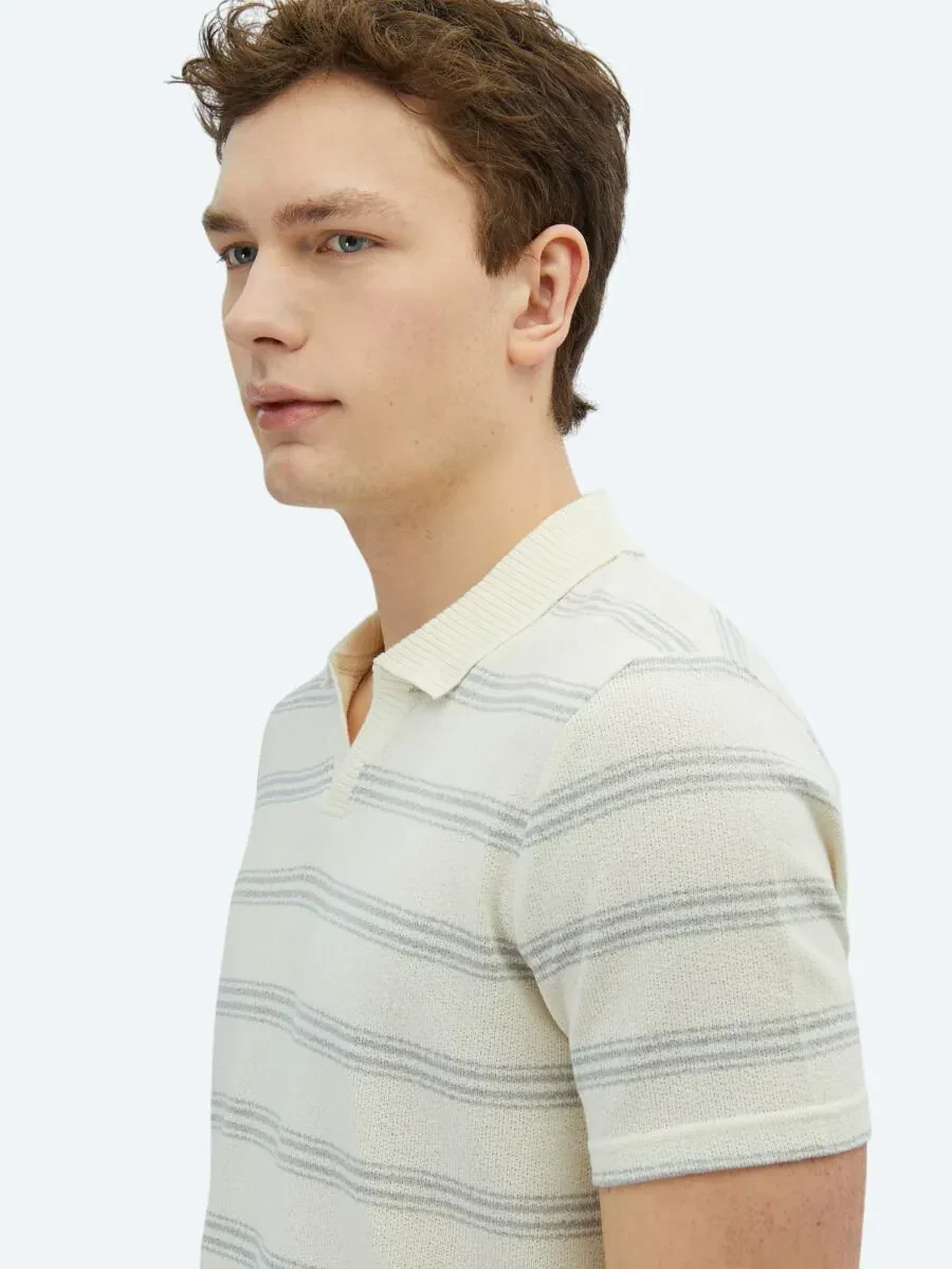 Gri Çizgili Polo Yaka Pamuk Karışımlı T-Shirt - 5