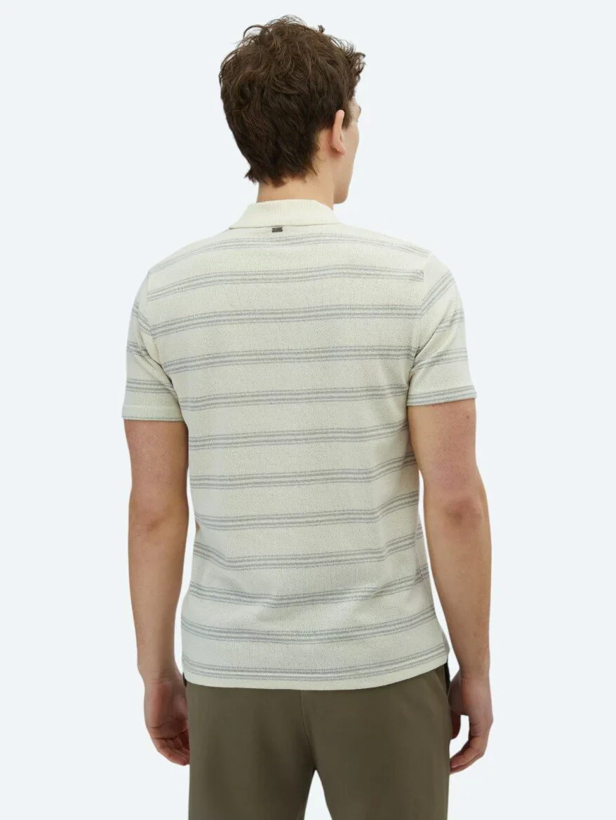 Gri Çizgili Polo Yaka Pamuk Karışımlı T-Shirt - 6