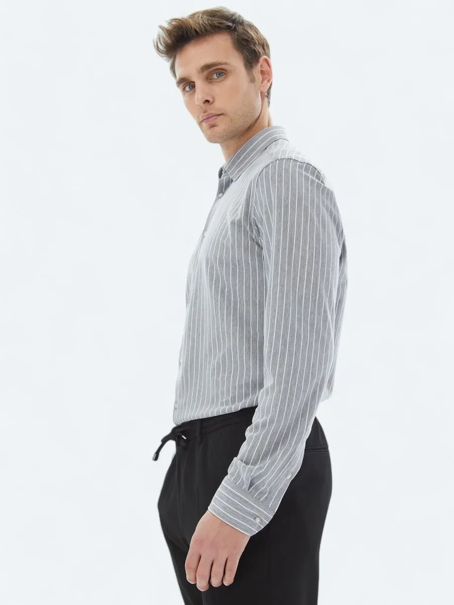 Gri Çizgili Regular Fit Casual Pamuk Karışımlı Gömlek - 3