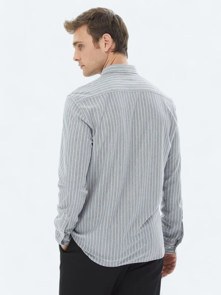 Gri Çizgili Regular Fit Casual Pamuk Karışımlı Gömlek - 6
