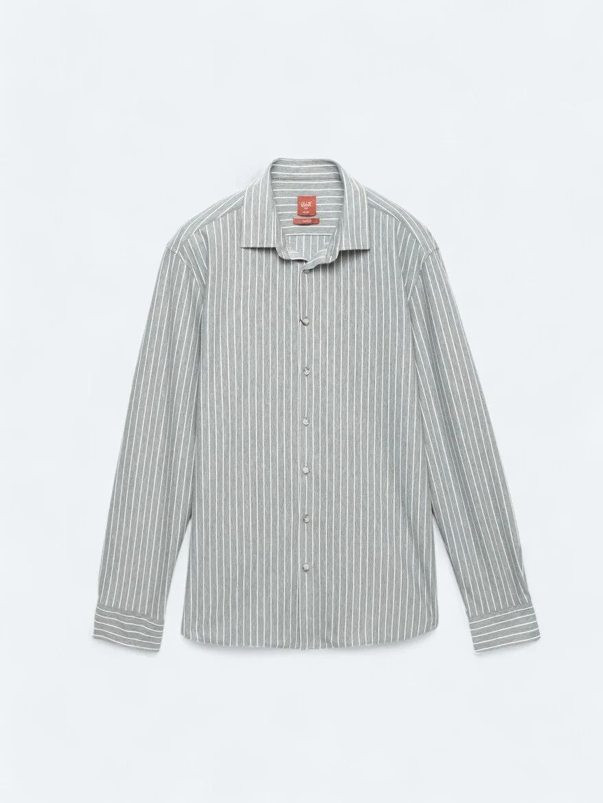 Gri Çizgili Regular Fit Casual Pamuk Karışımlı Gömlek - 7