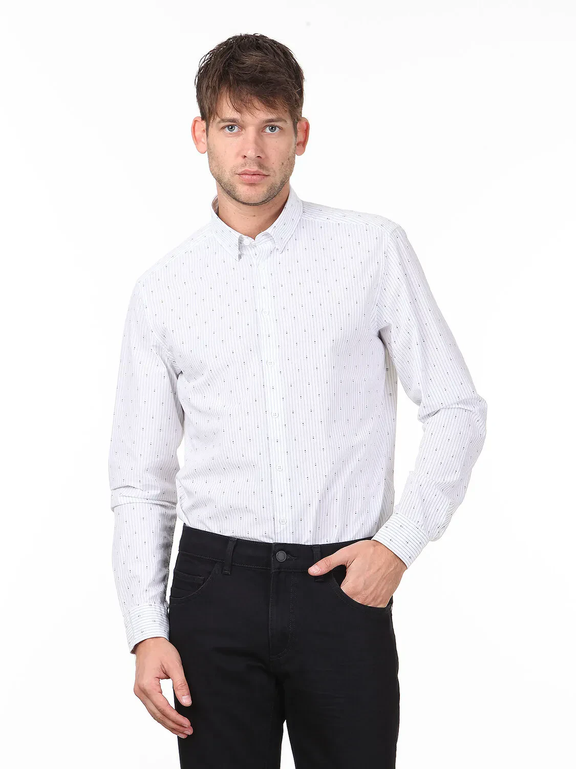 Gri Çizgili Regular Fit Dokuma Casual %100 Pamuk Gömlek - 1
