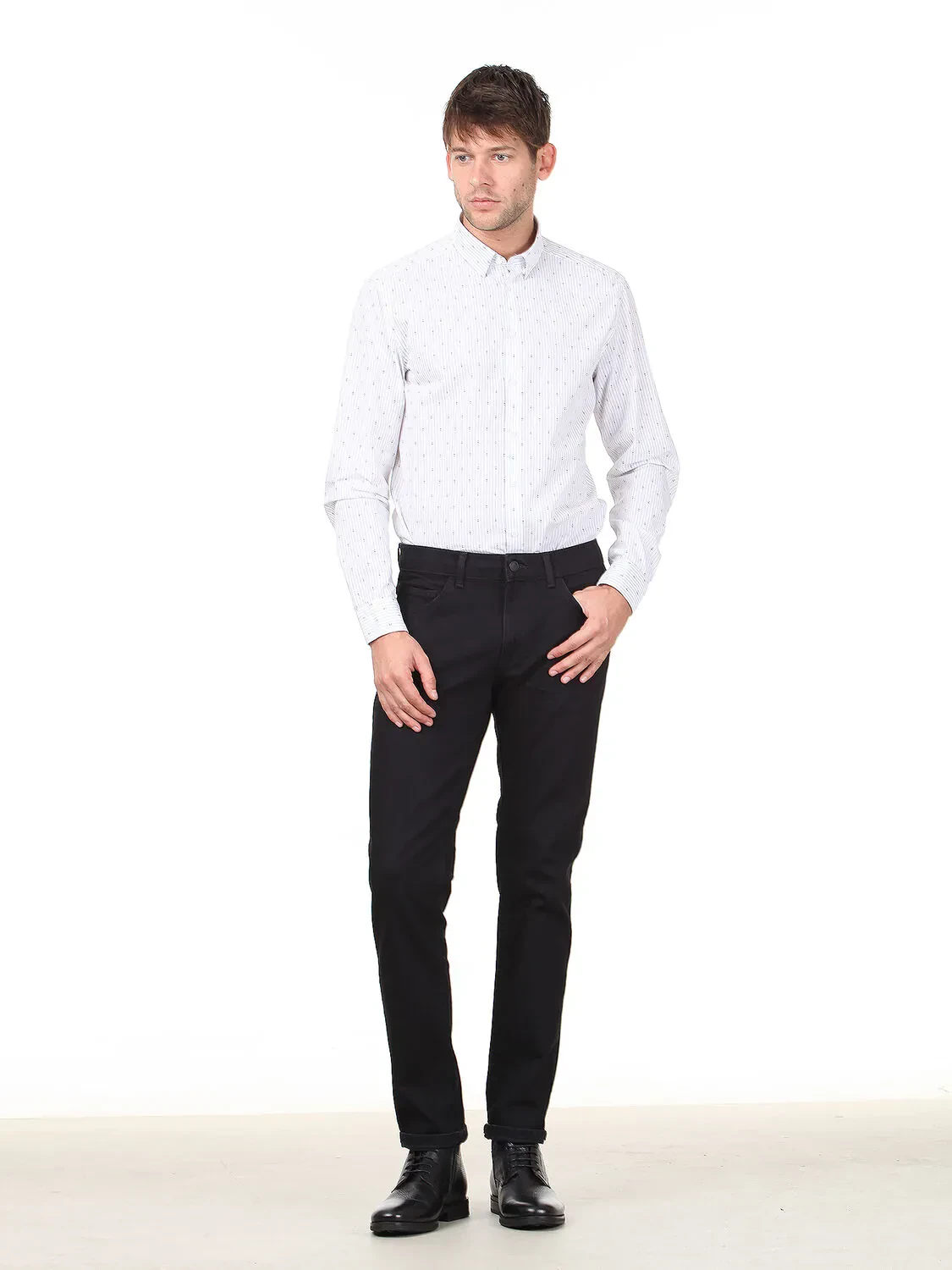 Gri Çizgili Regular Fit Dokuma Casual %100 Pamuk Gömlek - 3