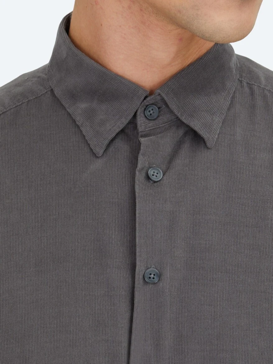 Gri Çizgili Regular Fit Dokuma Kadife Casual %100 Pamuk Gömlek - KİP