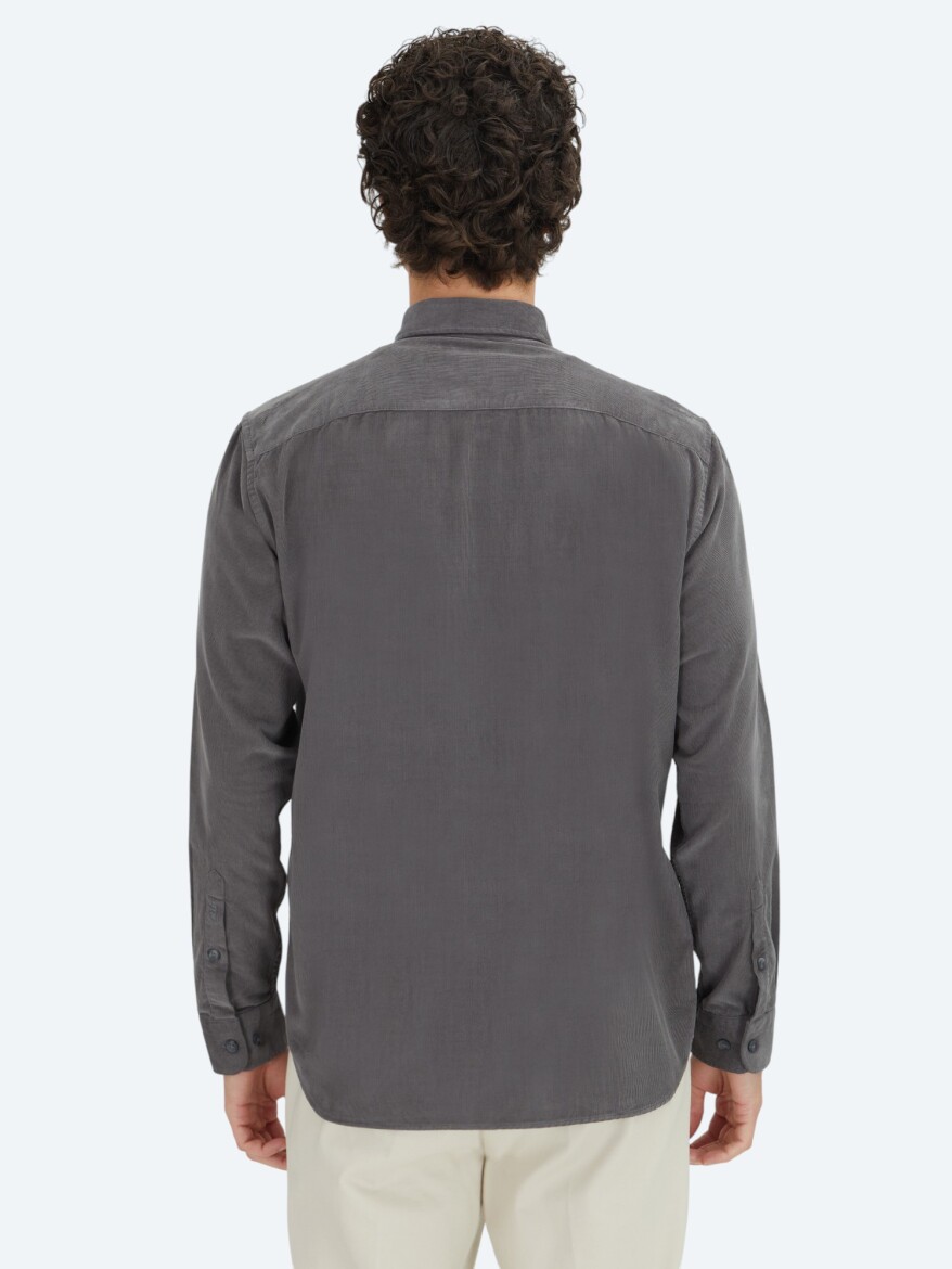Gri Çizgili Regular Fit Dokuma Kadife Casual %100 Pamuk Gömlek - 5