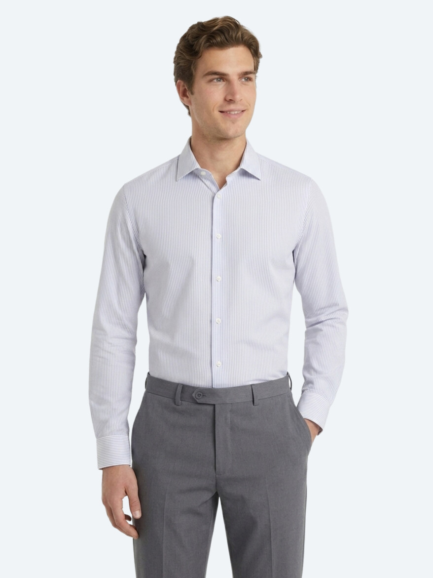 Gri Çizgili Regular Fit Uzun Dokuma Casual Pamuk Karışımlı Gömlek - 1