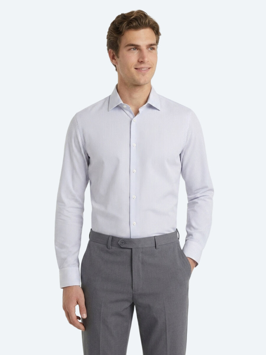 Gri Çizgili Regular Fit Uzun Dokuma Casual Pamuk Karışımlı Gömlek - 1