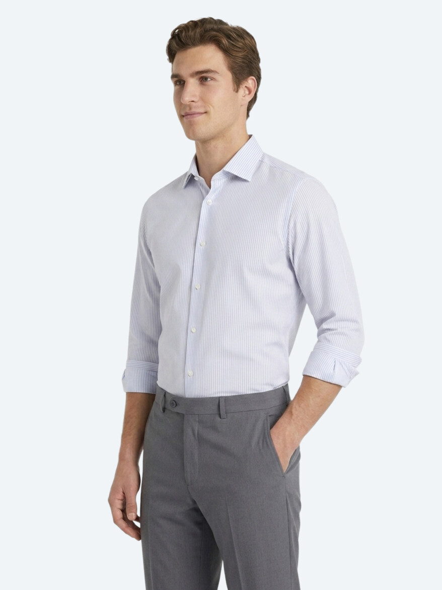 Gri Çizgili Regular Fit Uzun Dokuma Casual Pamuk Karışımlı Gömlek - 2
