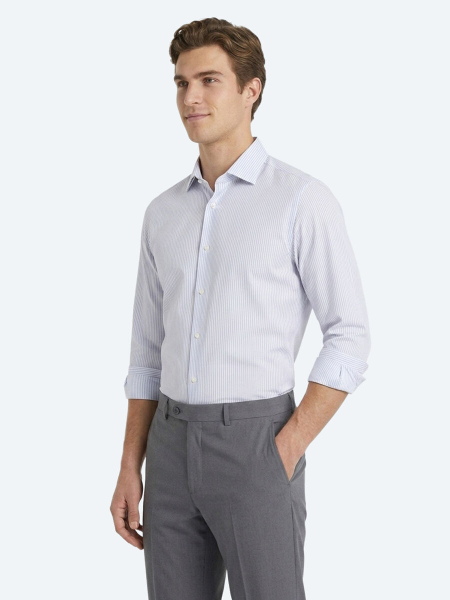 Gri Çizgili Regular Fit Uzun Dokuma Casual Pamuk Karışımlı Gömlek - 2