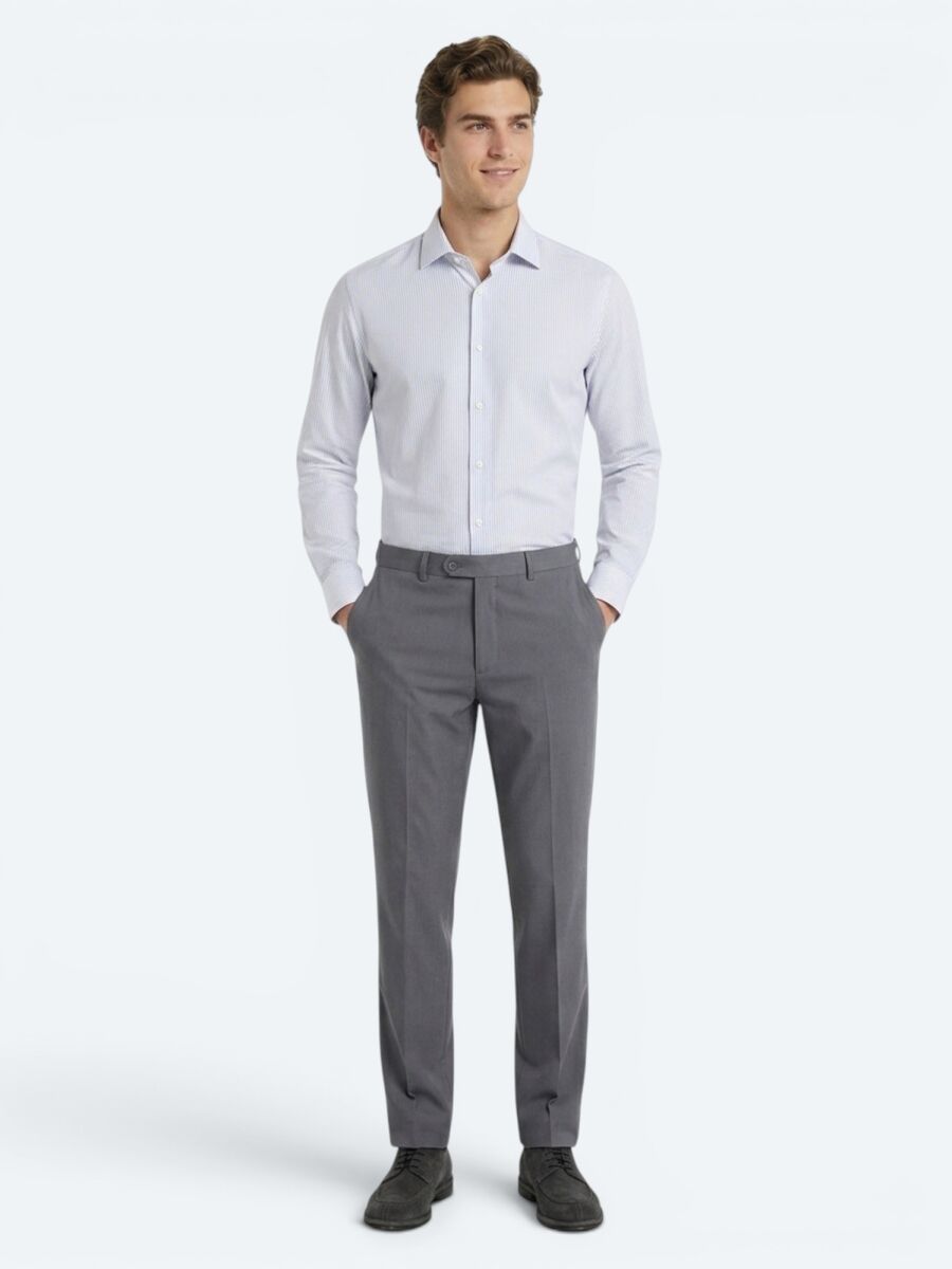 Gri Çizgili Regular Fit Uzun Dokuma Casual Pamuk Karışımlı Gömlek - 3