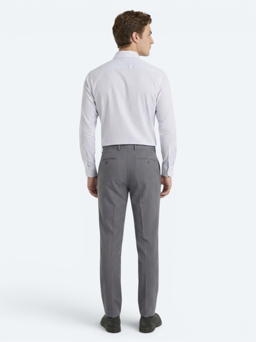 Gri Çizgili Regular Fit Uzun Dokuma Casual Pamuk Karışımlı Gömlek - 4