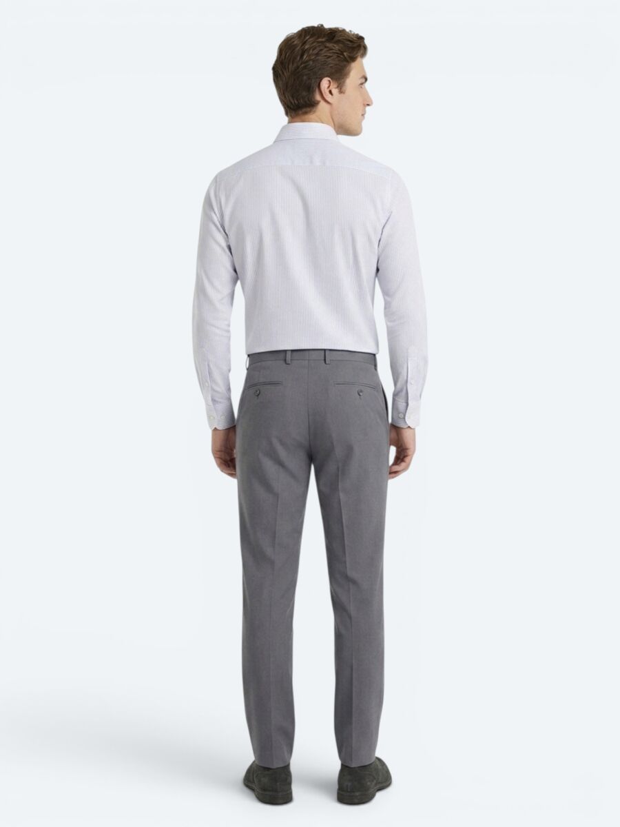 Gri Çizgili Regular Fit Uzun Dokuma Casual Pamuk Karışımlı Gömlek - 4