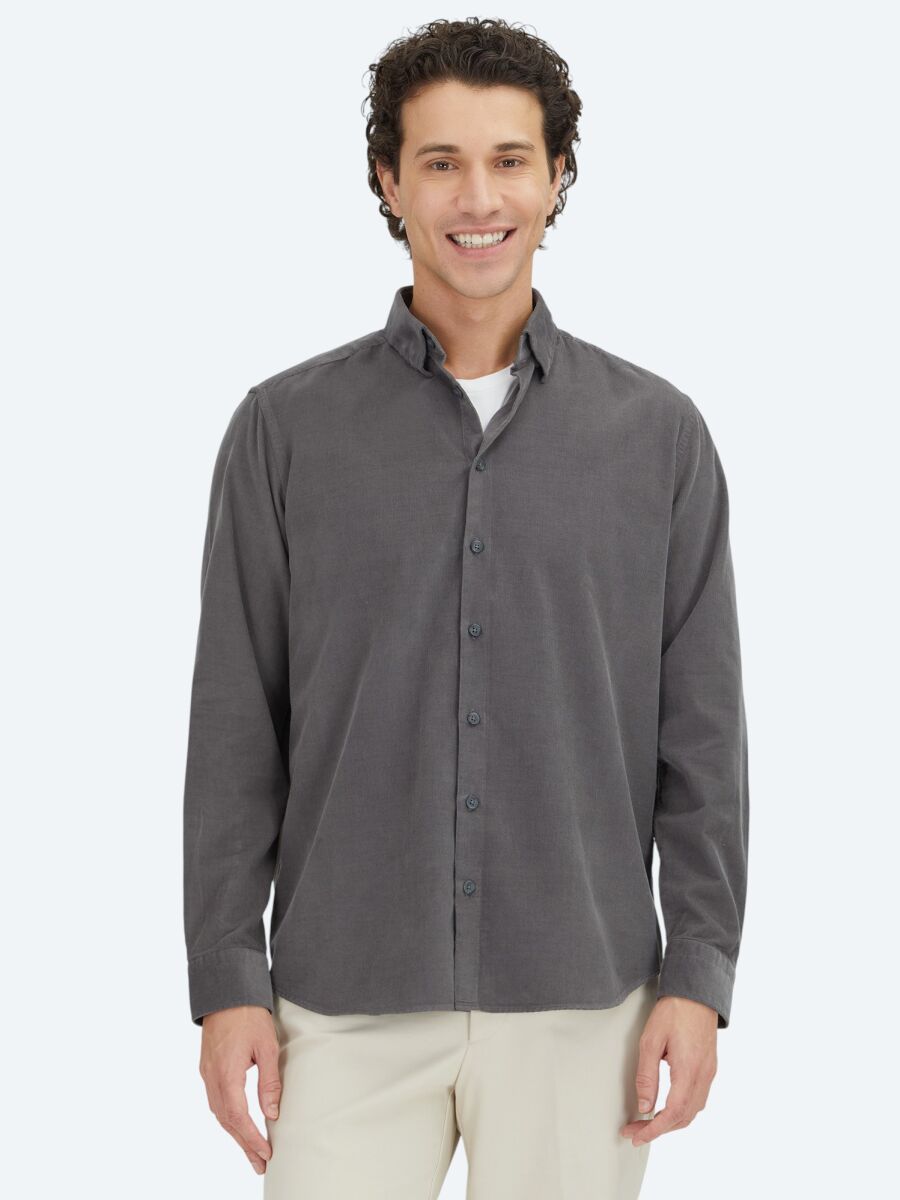 Gri Çizgili Regular Fit Uzun Dokuma Kadife Casual %100 Pamuk Gömlek - 1