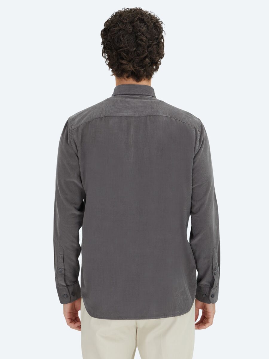 Gri Çizgili Regular Fit Uzun Dokuma Kadife Casual %100 Pamuk Gömlek - 5