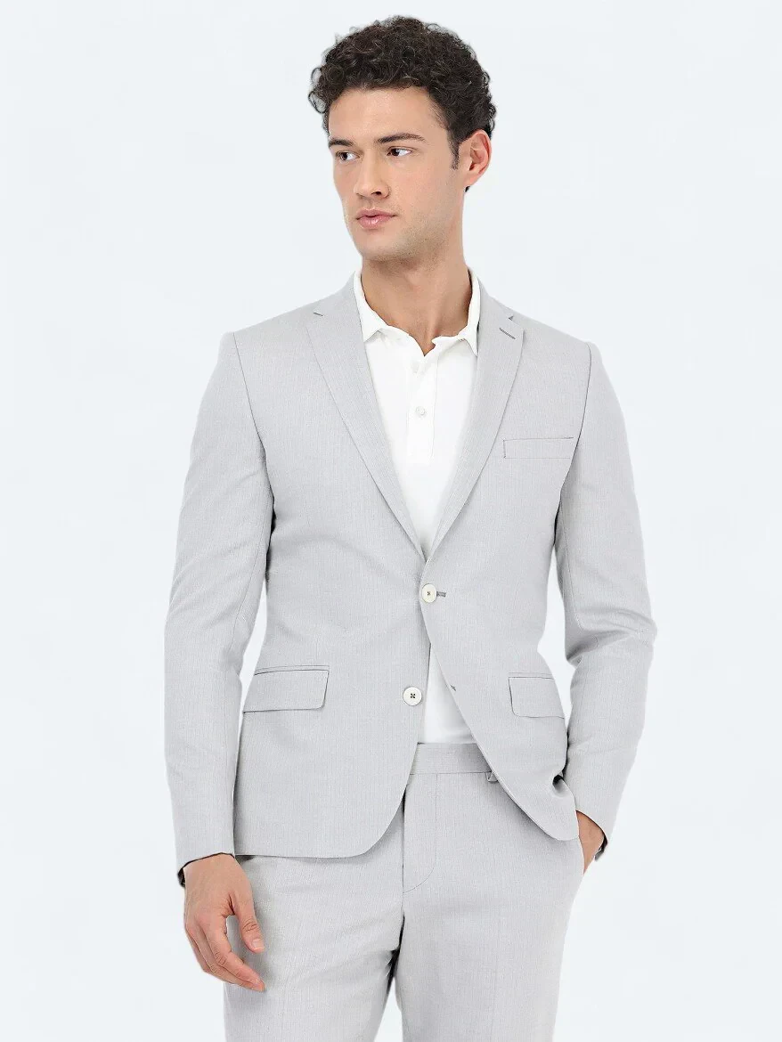 Gri Çizgili Slim Fit Pamuk Karışımlı Takım Elbise - 1