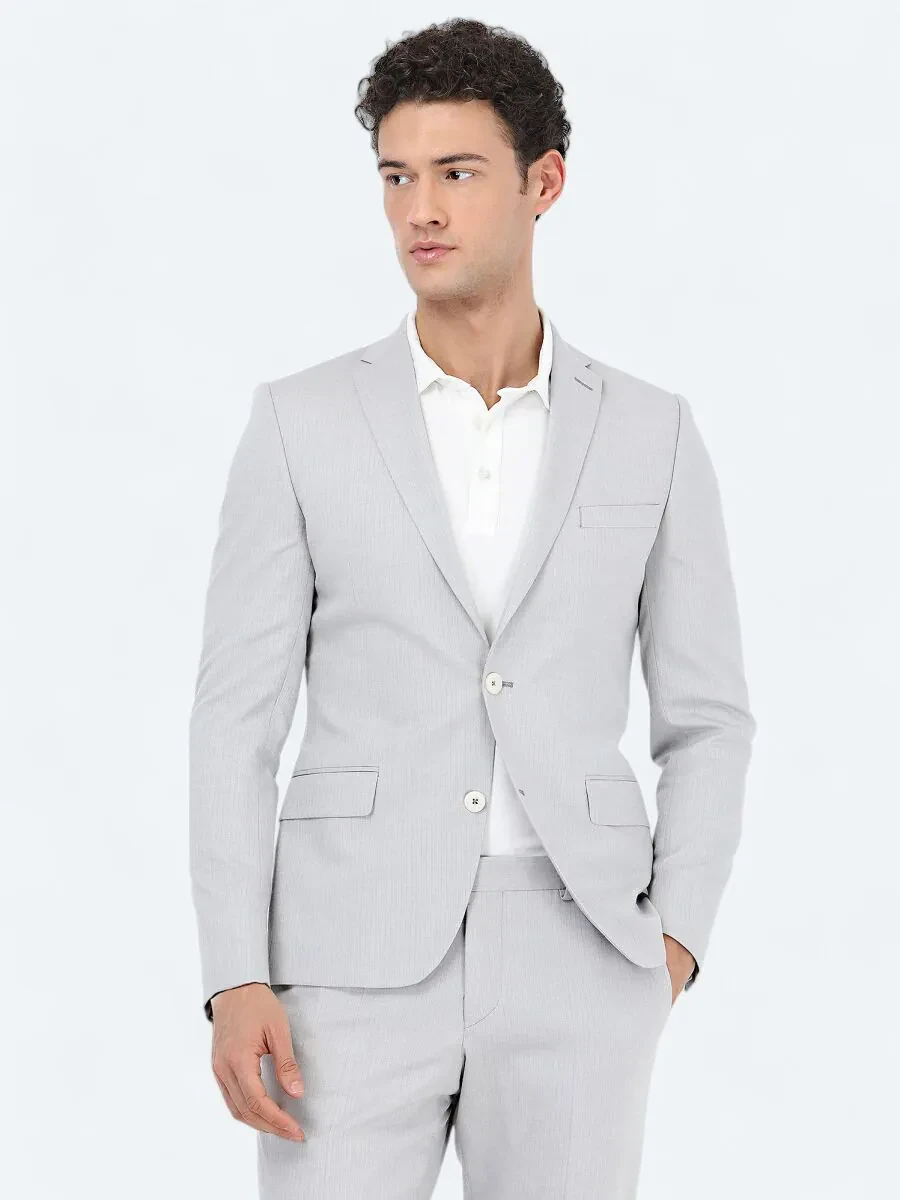 Gri Çizgili Slim Fit Pamuk Karışımlı Takım Elbise - 1
