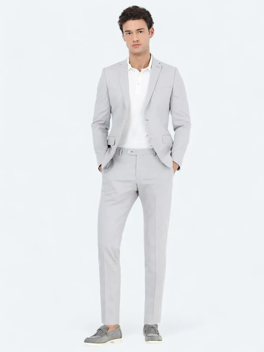 Gri Çizgili Slim Fit Pamuk Karışımlı Takım Elbise - 2