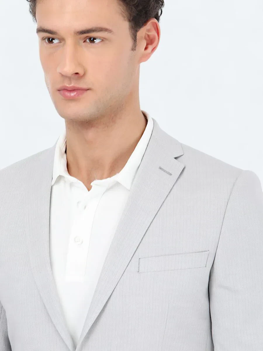 Gri Çizgili Slim Fit Pamuk Karışımlı Takım Elbise - 4