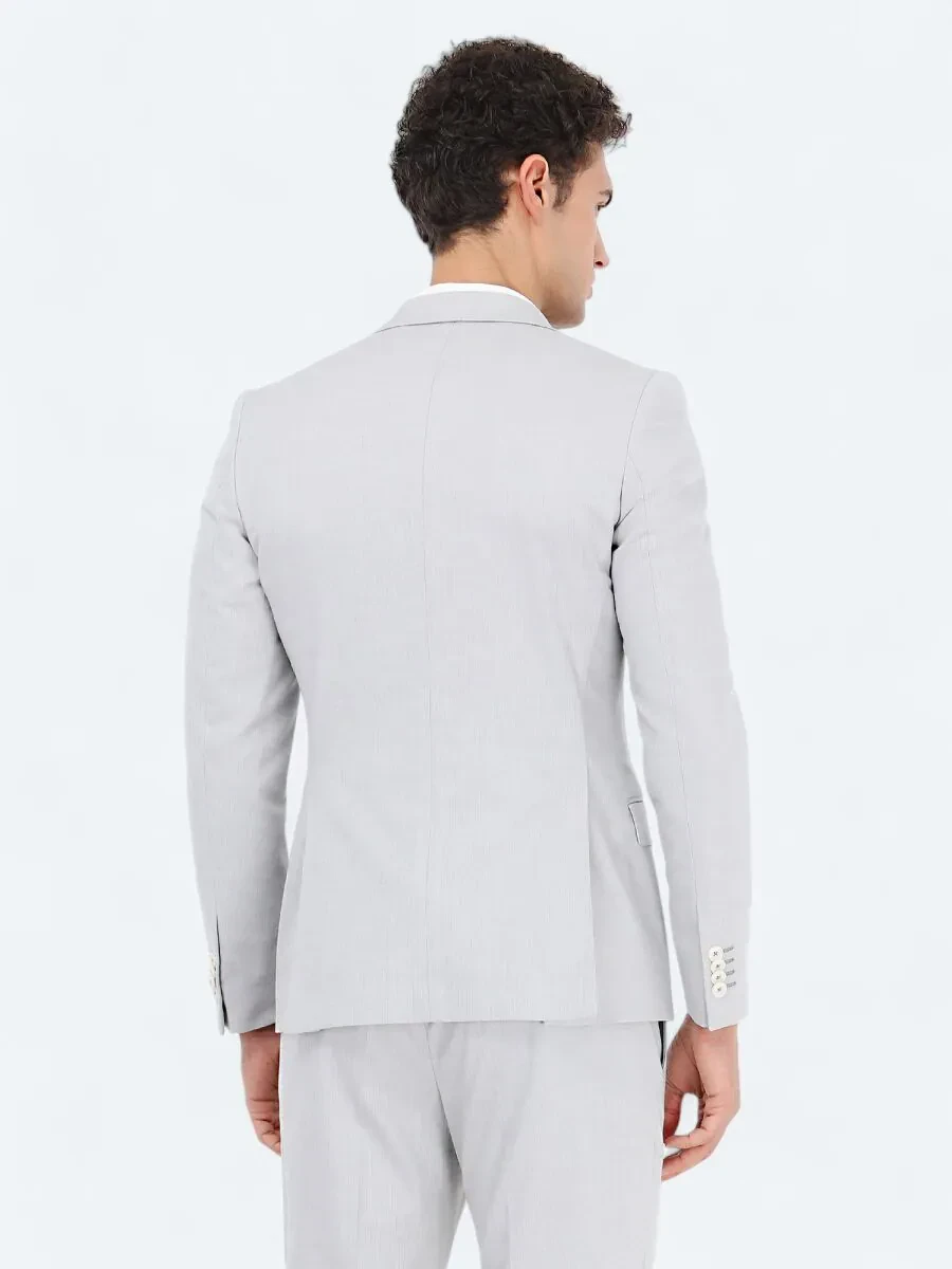 Gri Çizgili Slim Fit Pamuk Karışımlı Takım Elbise - 5