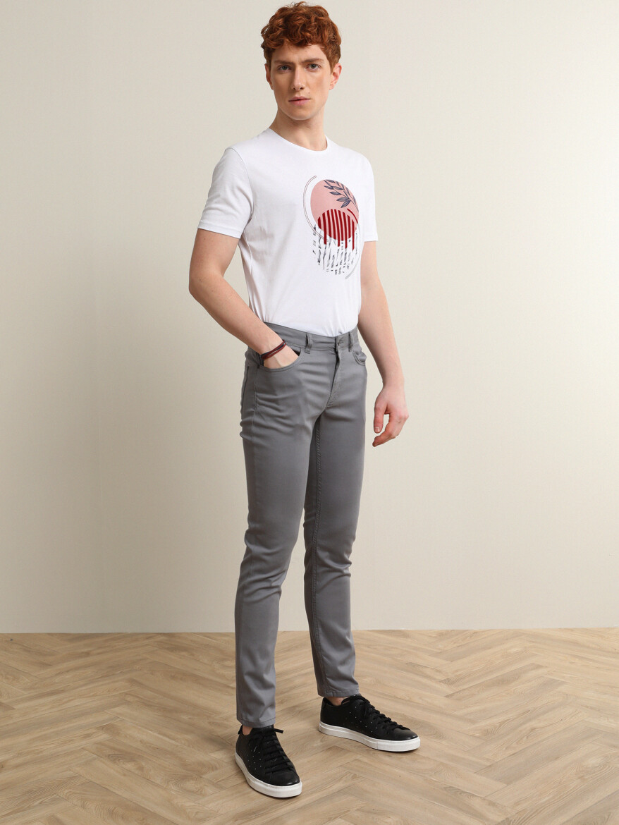 Gri Desenli Dokuma Slim Fit Casual Pamuk Karışımlı Pantolon - 2