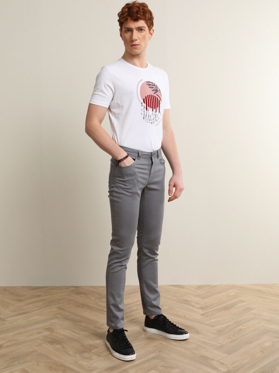 Gri Desenli Dokuma Slim Fit Casual Pamuk Karışımlı Pantolon - 2