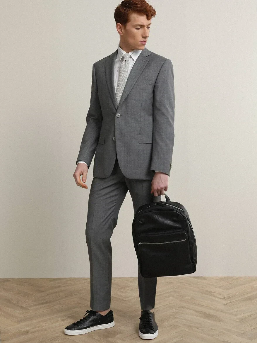 Gri Desenli Modern Fit %100 Yün Takım Elbise - 1