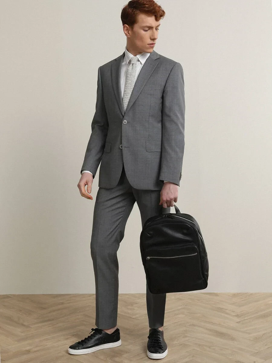 Gri Desenli Modern Fit %100 Yün Takım Elbise - 1