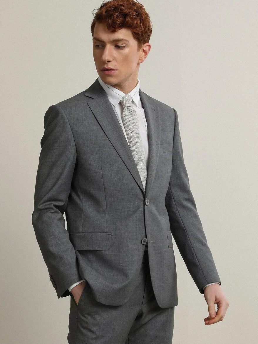 Gri Desenli Modern Fit %100 Yün Takım Elbise - 2