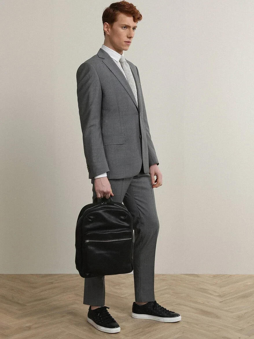 Gri Desenli Modern Fit %100 Yün Takım Elbise - 4