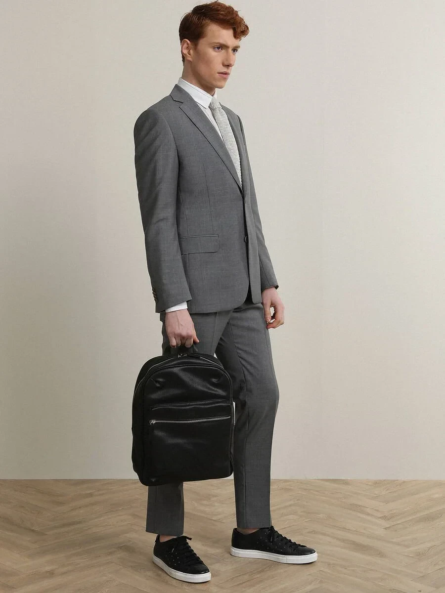 Gri Desenli Modern Fit %100 Yün Takım Elbise - 4