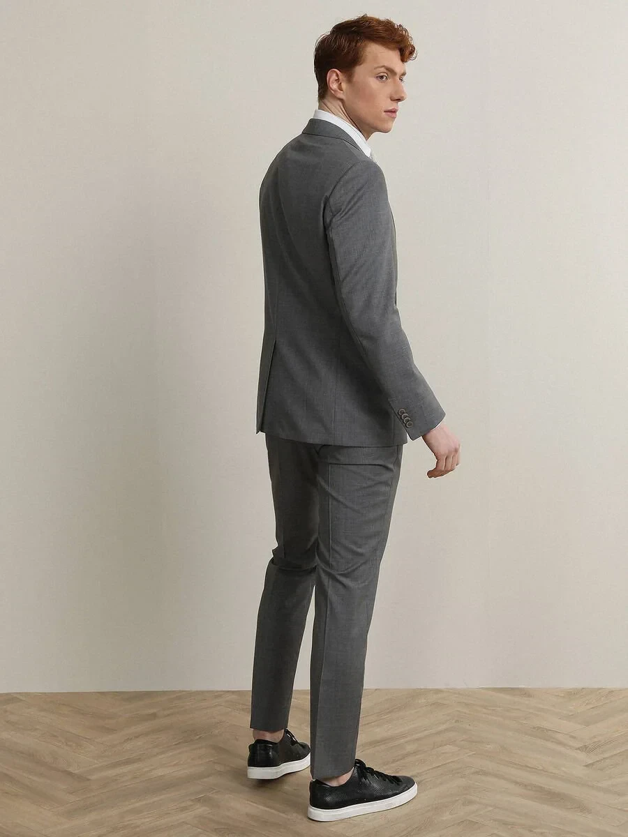 Gri Desenli Modern Fit %100 Yün Takım Elbise - 5