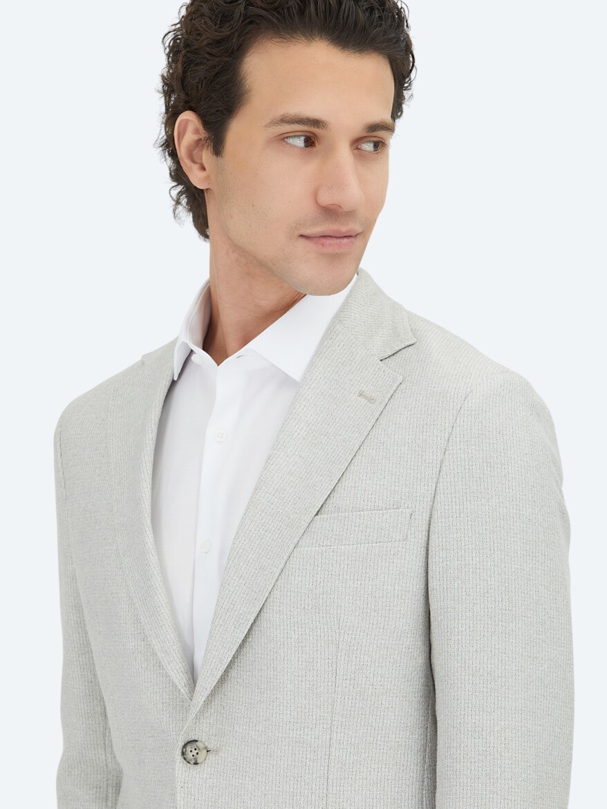 Gri Desenli Modern Fit Keten Karışımlı Ceket - 3