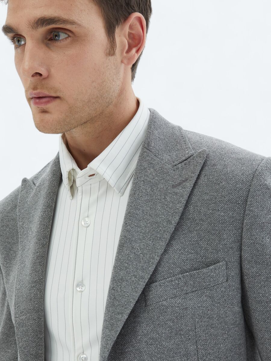 Gri Desenli Modern Fit Pamuk Karışımlı Örme Takım Elbise - 4