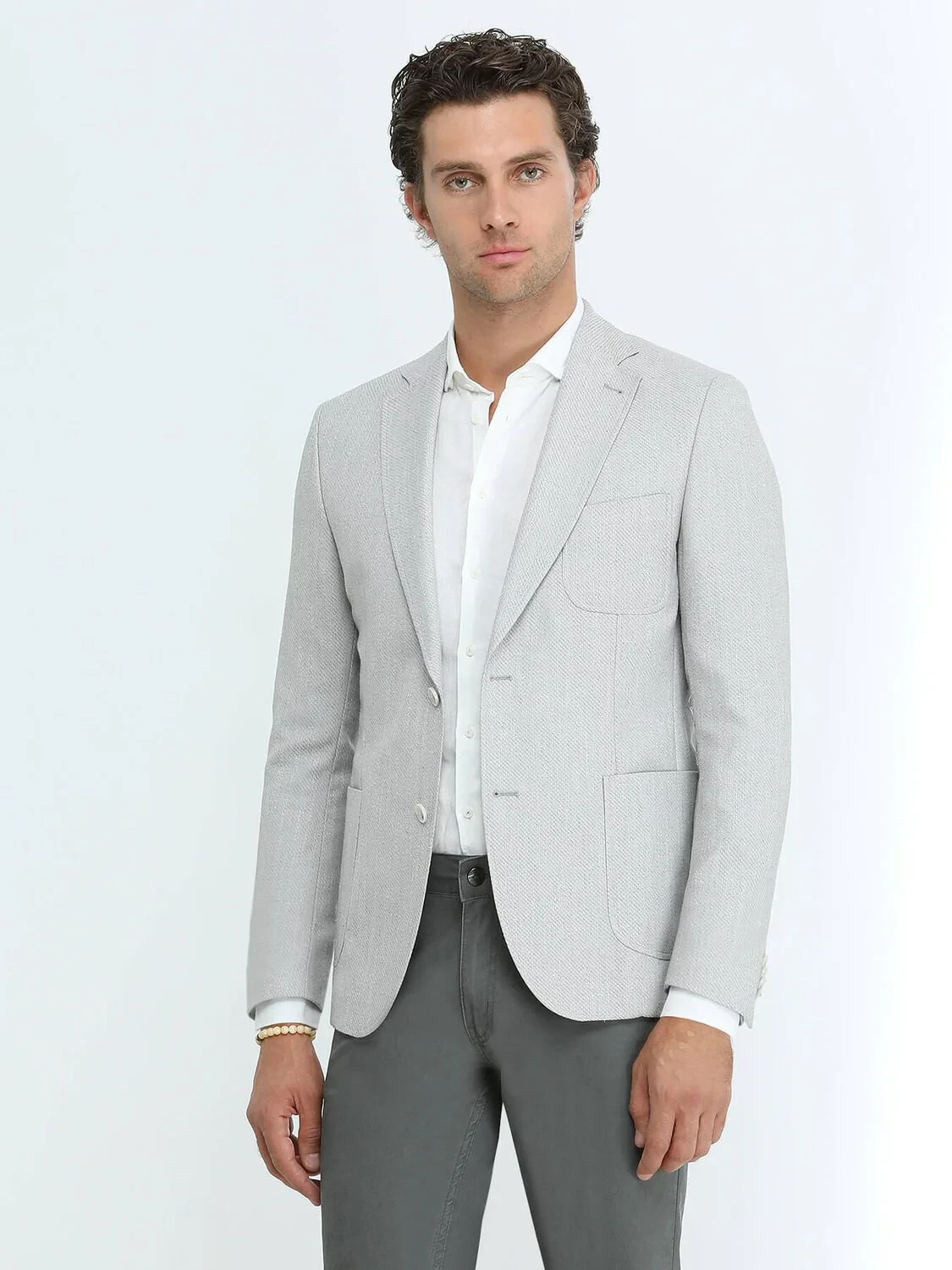 Gri Desenli Regular Fit Keten Karışımlı Ceket - 4