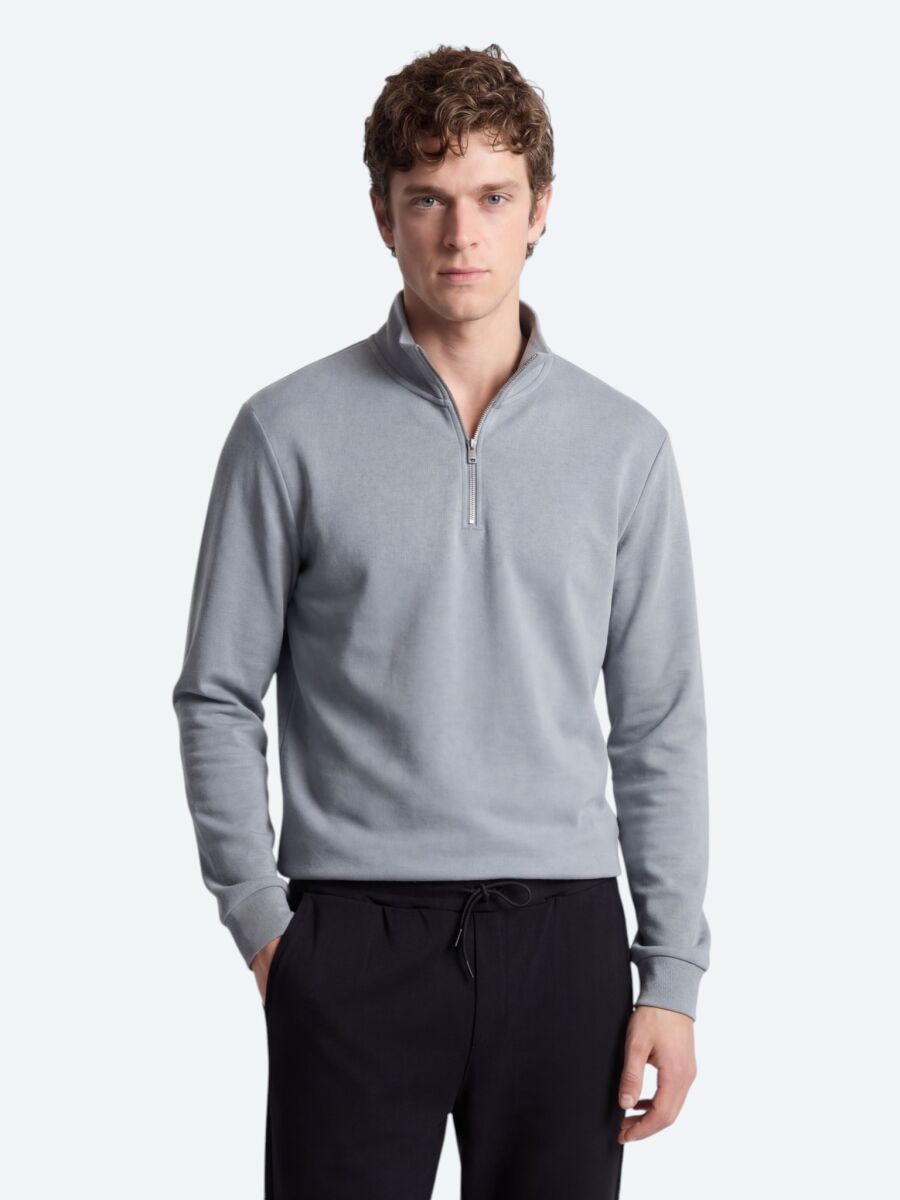 Gri Dik Yaka Düz Sweatshırt - 1