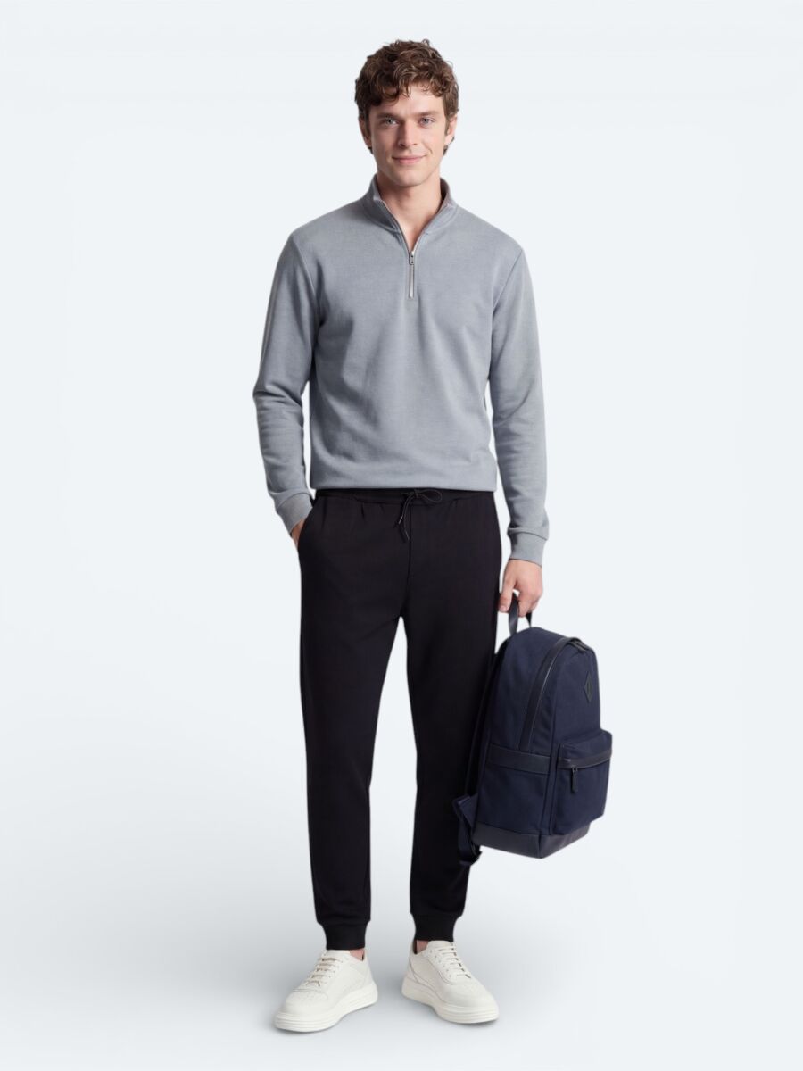 Gri Dik Yaka Düz Sweatshırt - 2