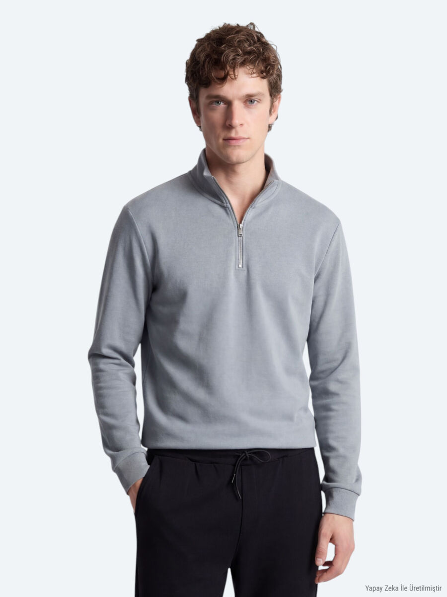 Gri Dik Yaka Düz Sweatshırt - 1