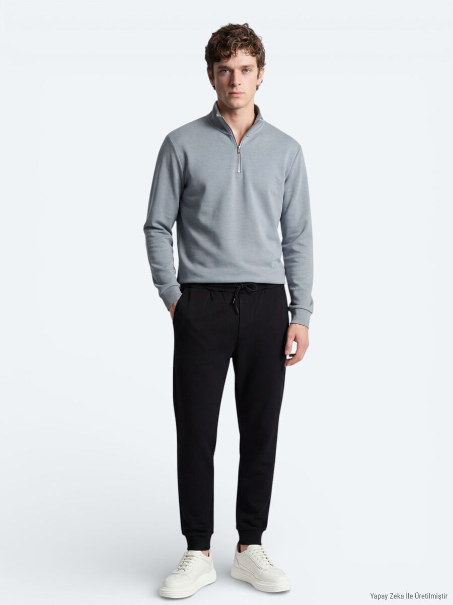 Gri Dik Yaka Düz Sweatshırt - 3