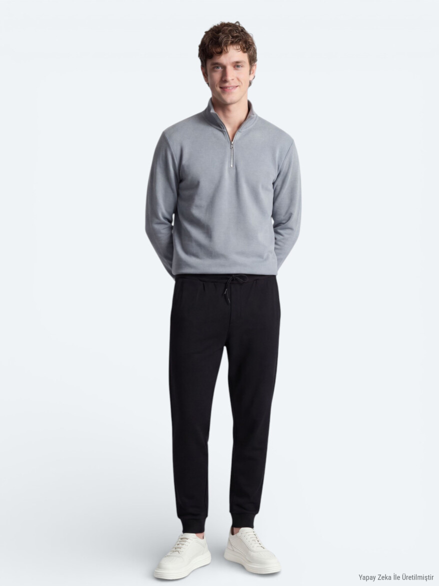 Gri Dik Yaka Düz Sweatshırt - 5