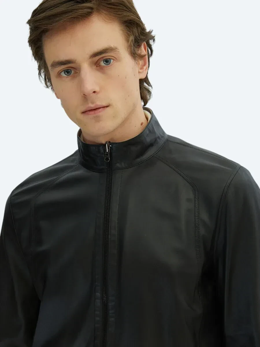 Gri Dik Yaka Smart Casual Çift Taraflı Deri Mont - 4