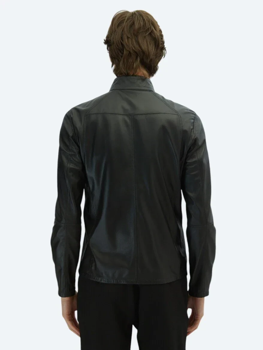 Gri Dik Yaka Smart Casual Çift Taraflı Deri Mont - 8