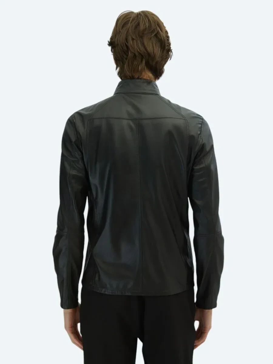 Gri Dik Yaka Smart Casual Çift Taraflı Deri Mont - 8