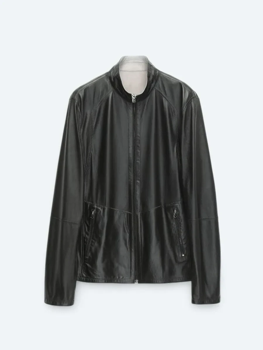 Gri Dik Yaka Smart Casual Çift Taraflı Deri Mont - 11