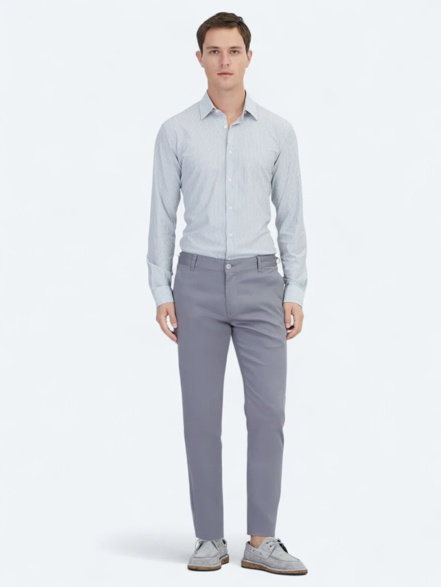 Gri Dokuma Casual Pamuk Karışımlı Pantolon - 1
