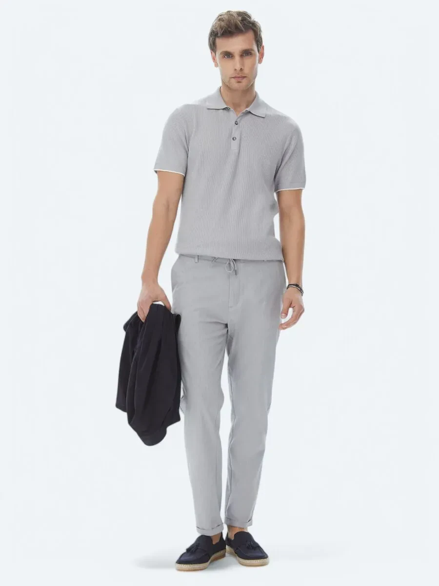 Gri Dokuma Jogging Fit Casual Pamuk Karışımlı Pantolon - 1
