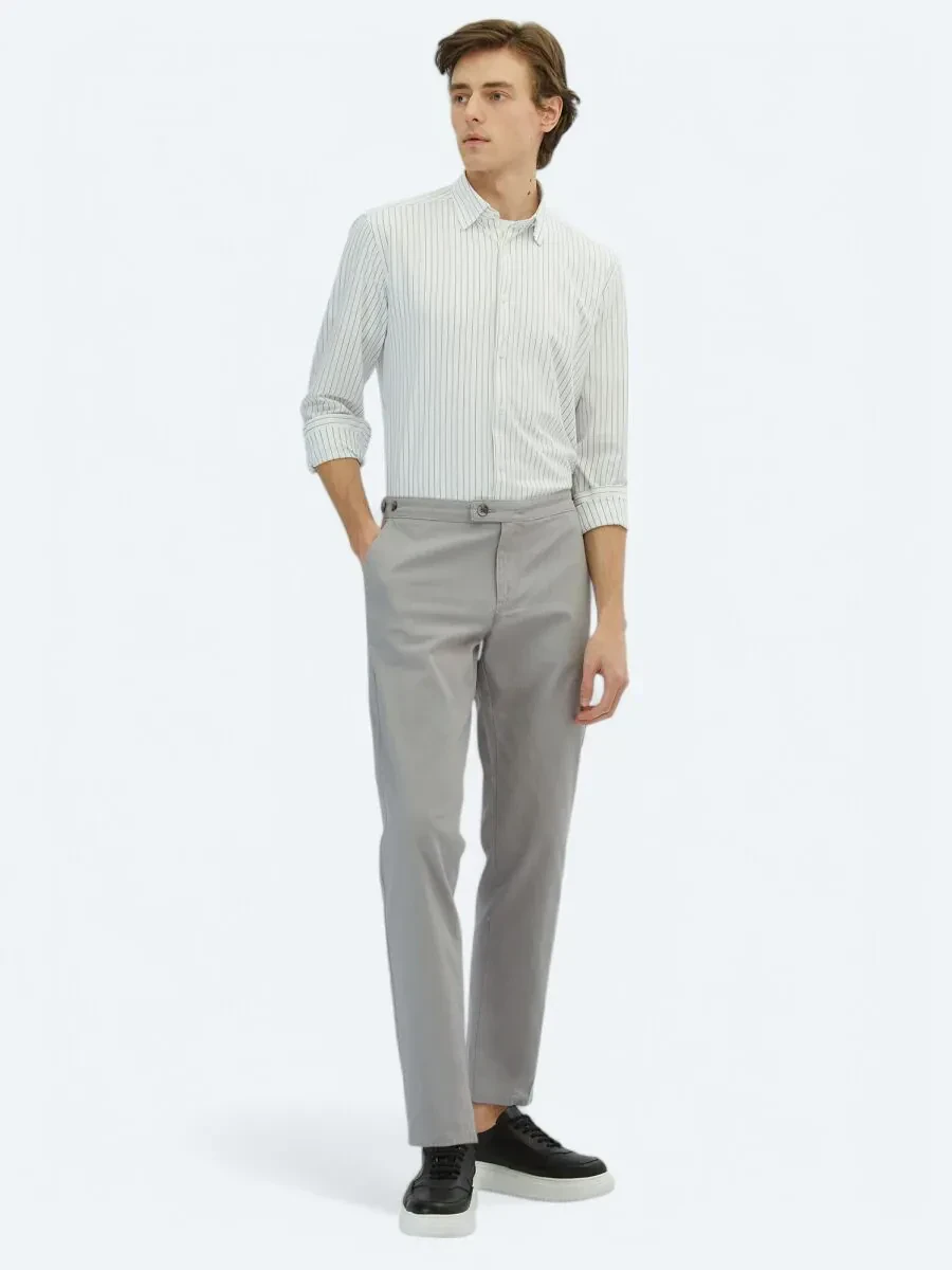 Gri Dokuma Fitted Fit Smart Casual Pamuk Karışımlı Pantolon - 1